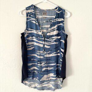 GO by Go Silk‎ Zippy Blue/White Luxe Sleeveless Silk Top With Zipper Detail S